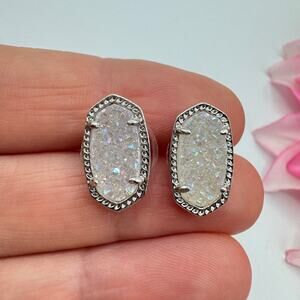 Kendra Scott Ellie Silver Tone Stud Earrings Iridescent Drusy Designer Signed